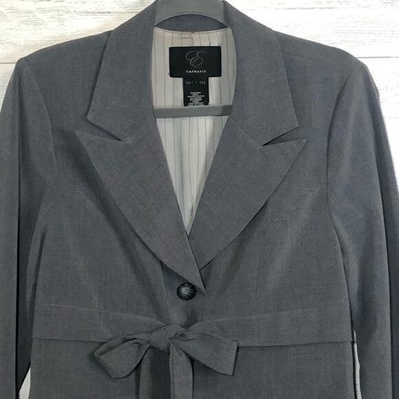 EMPHASIS gray 3 button w/tie front suit jacket career blazer Junior size large - Picture 3 of 9